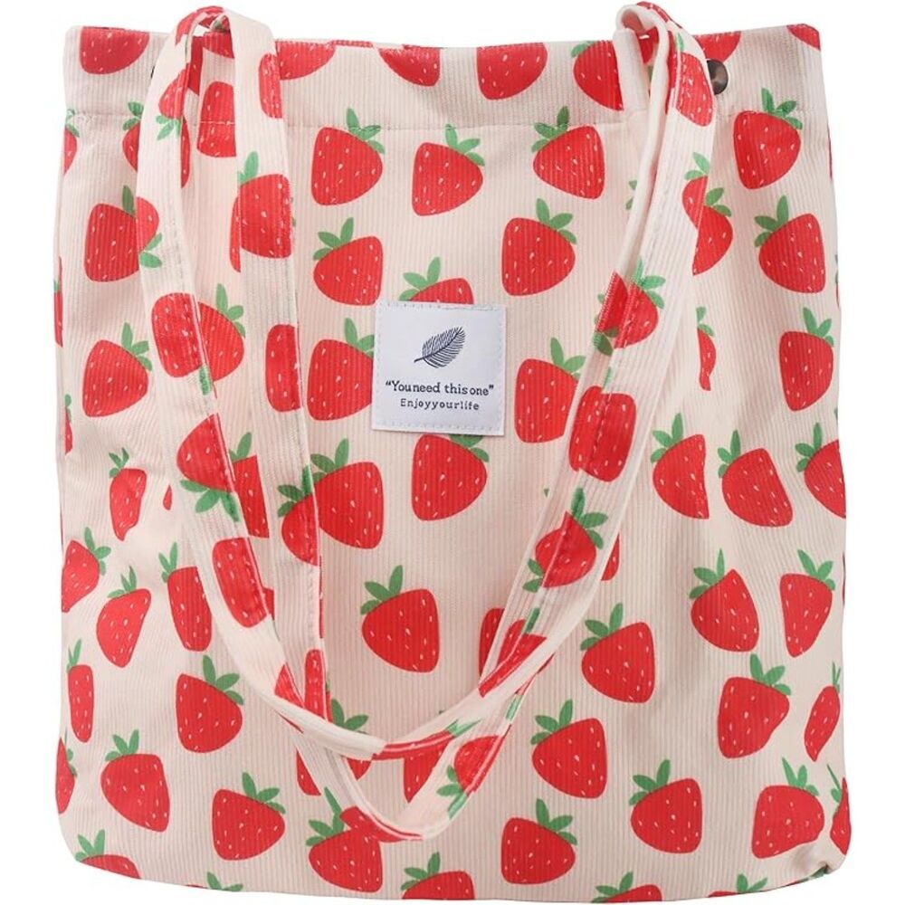 Women Strawberry Imported Corduroy Small Canvas Shoulder Handy Tote Bag